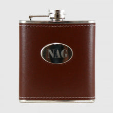 Load image into Gallery viewer, 6 OZ STAINLESS STEEL FLASK WITH BROWN MOC LEATHER