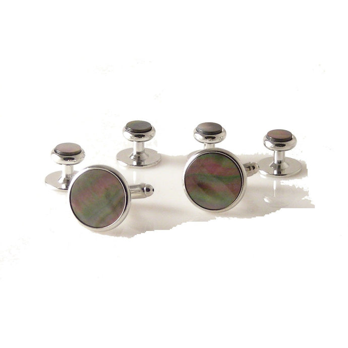 CLASSIC SILVER ROUND STUD SET WITH SMOKED MOTHER OF PEARL New Orleans Cufflinks