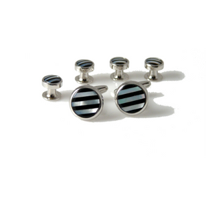 SILVER ONYX AND MOTHER OF PEARL STRIPE CUFFLINK AND TUXEDO STUD SET