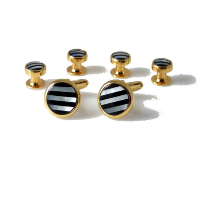 GOLD ONYX AND MOTHER OF PEARL STRIPE STUD SET New Orleans Cufflinks