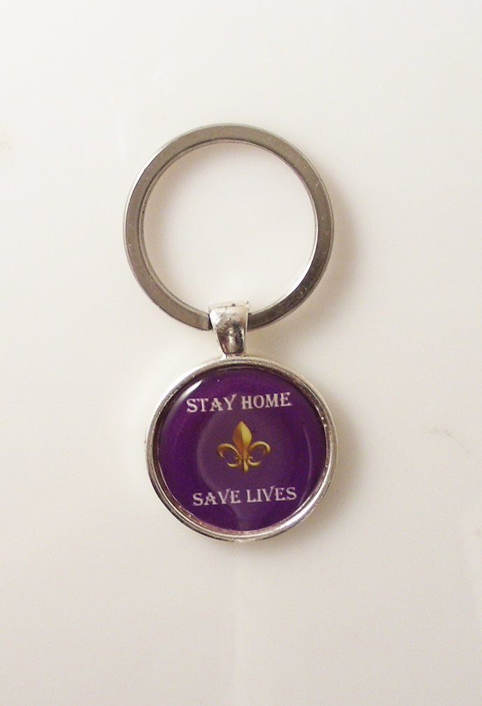 PURPLE AND GOLD FLEUR DI LIS STAY HOME SAVE LIVES KEY RING