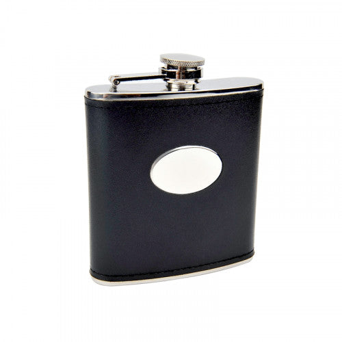 6 OZ STAINLESS STEEL FLASK WITH BLACK MOC LEATHER