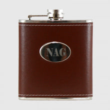Load image into Gallery viewer, 6 OZ STAINLESS STEEL FLASK WITH BROWN MOC LEATHER
