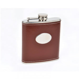 6 OZ STAINLESS STEEL FLASK WITH BROWN MOC LEATHER