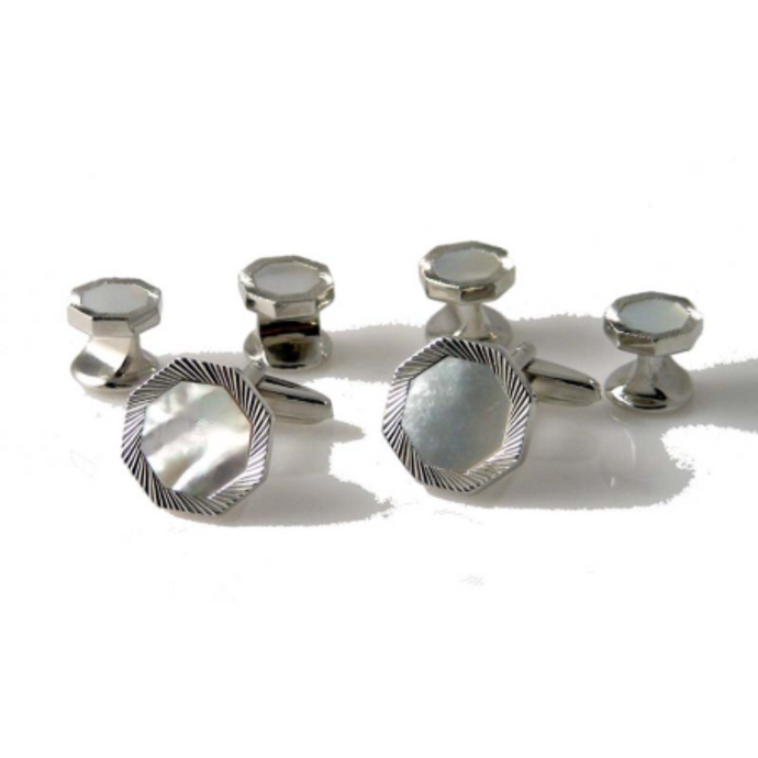 SILVER OCTAGON DIAMOND CUT CUFFLINK AND TUXEDO STUD SET WITH MOTHER OF PEARL