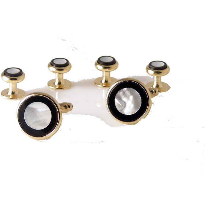 ROUND GOLD  ONYX AND MOTHER OF PEARL  MOSAIC CUFFLINK AND TUXEDO STUD SET New Orleans Cufflinks