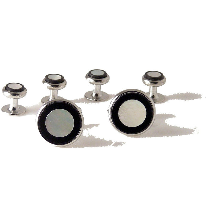 ROUND  SILVER ONYX AND MOTHER OF PEARL MOSAIC CUFFLINK AND TUXEDO STUD SET New Orleans Cufflinks