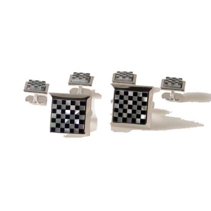 SILVER ONYX AND MOTHER OF PEARL CHECKERBOARD CUFFLINK AND TUXEDO STUD SET