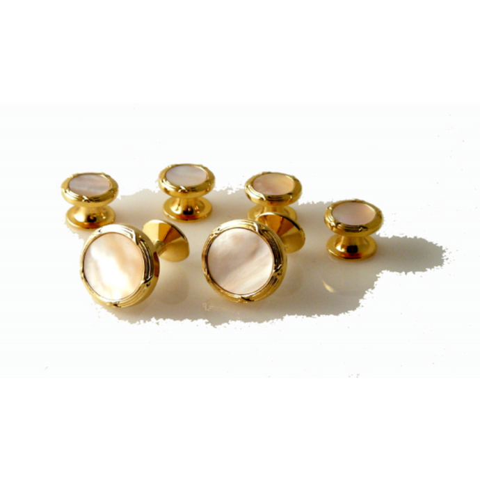 GOLD ANTIQUE BORDER CUFFLINK AND STUD SET WITH MOTHER OF PEARL New Orleans Cufflinks