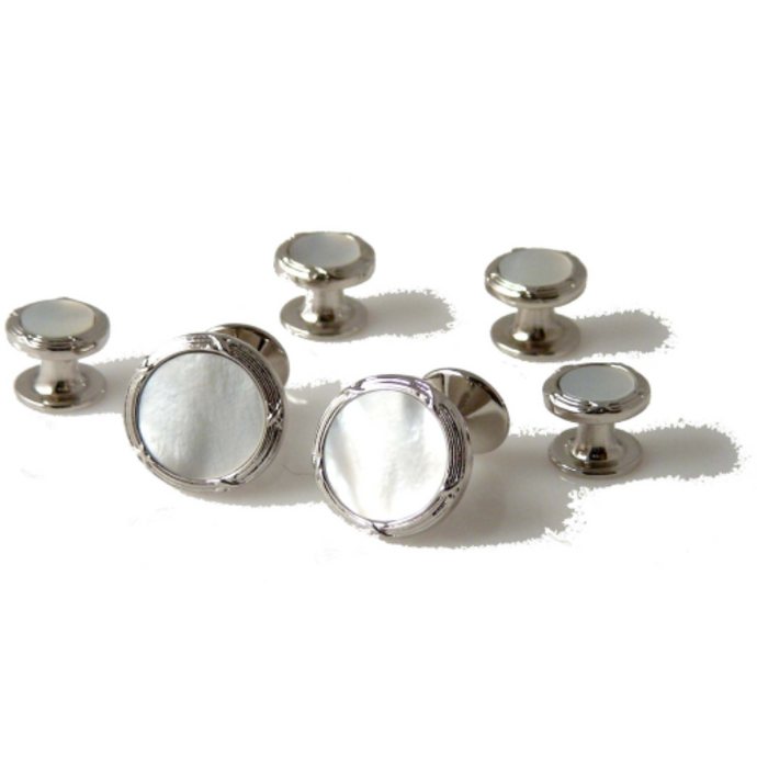 SILVER ANTIQUE BORDER CUFFLINK AND TUXEDO STUD SET WITH MOTHER OF PEARL New Orleans Cufflinks
