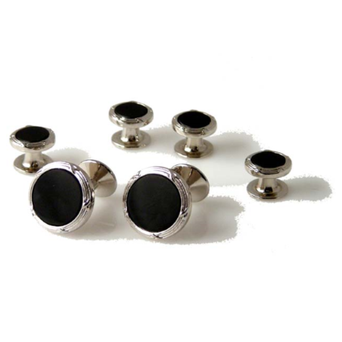 SILVER ANTIQUE BORDER CUFFLINK AND TUXEDO STUD SET WITH ONYX New Orleans Cufflinks