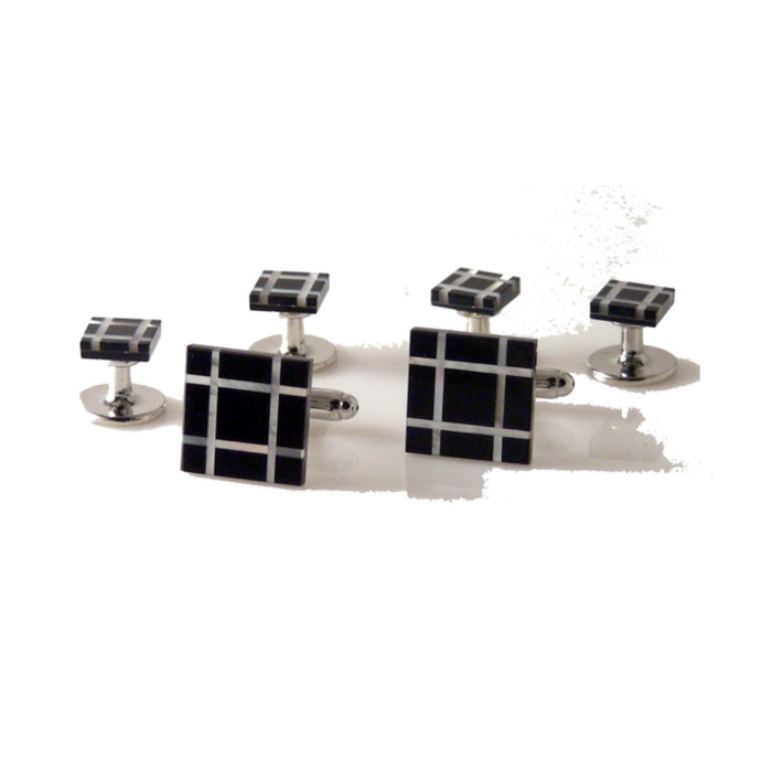ONYX AND MOTHER OF PEARL PLAID MOSAIC STUD SET New Orleans Cufflinks